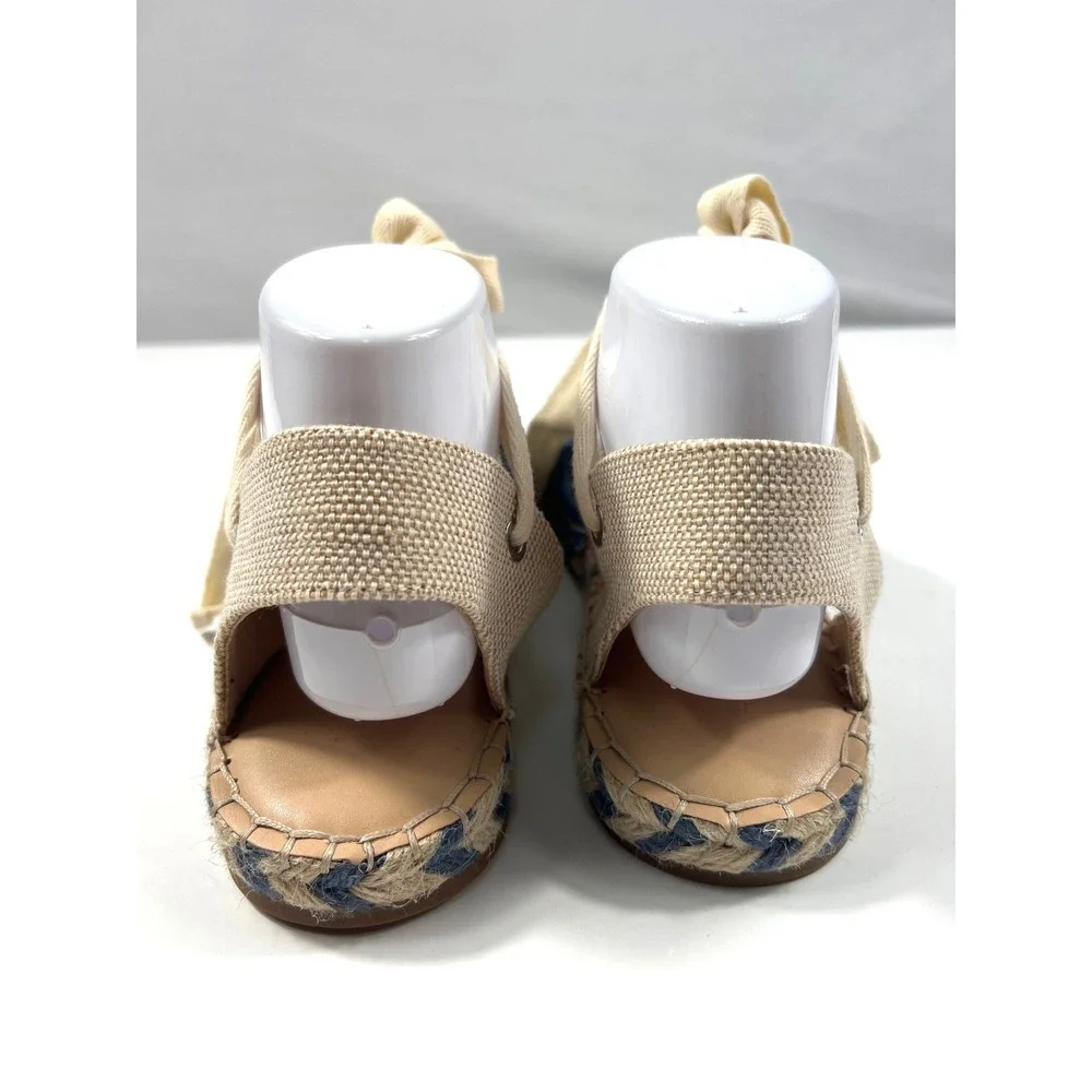 LOFT Denim Ankle Tie Espadrille Sandals Blue Tan Flat Summer Shoes Women 9M NWOT